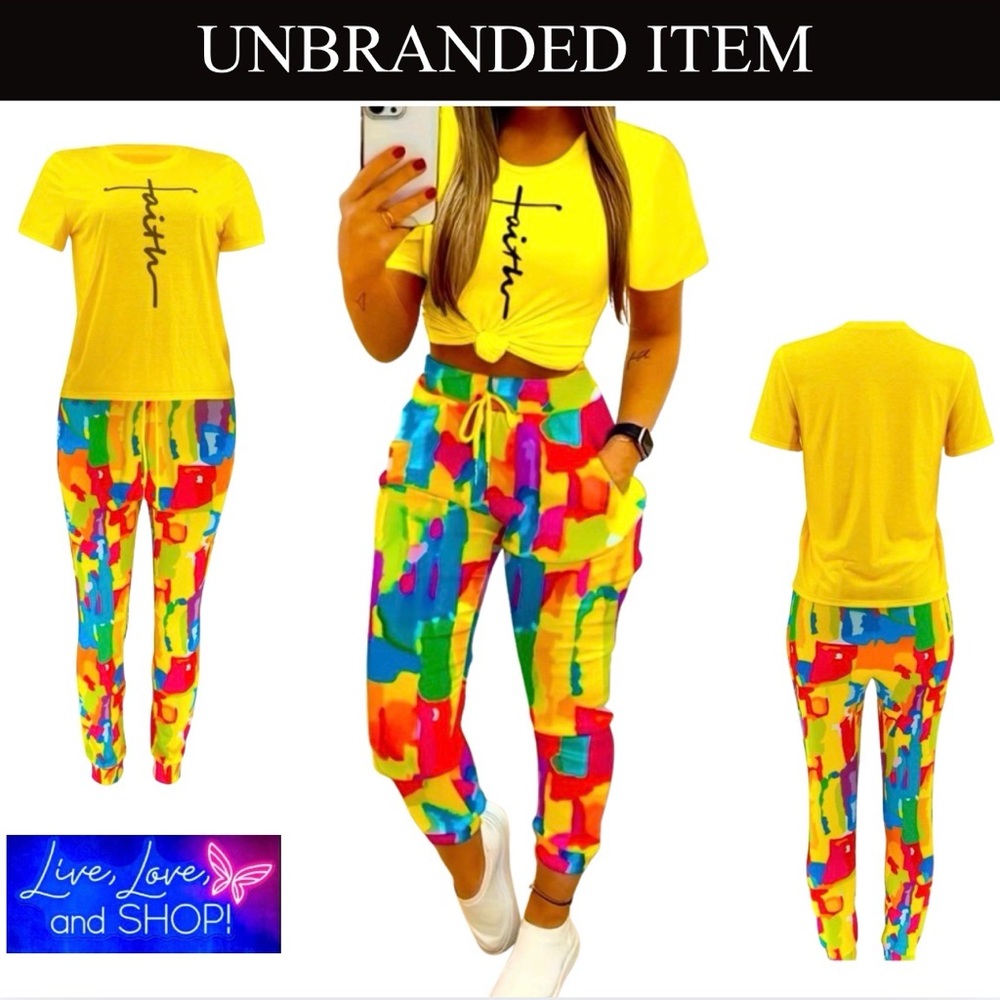 2 Piece: “Faith” Print Short Sleeve Top & Matching Drawstring Pocket Pants, EUC